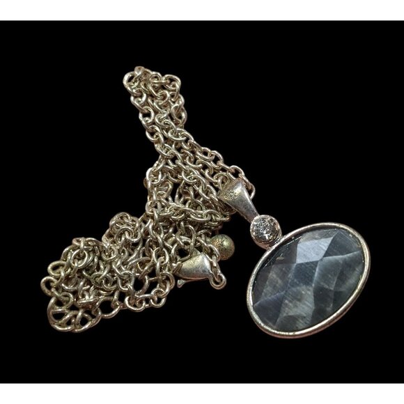 Whimsical Grey Faceted Cat Eye Glass Pendant Necklace With Rhinestone Accent - Picture 6 of 7